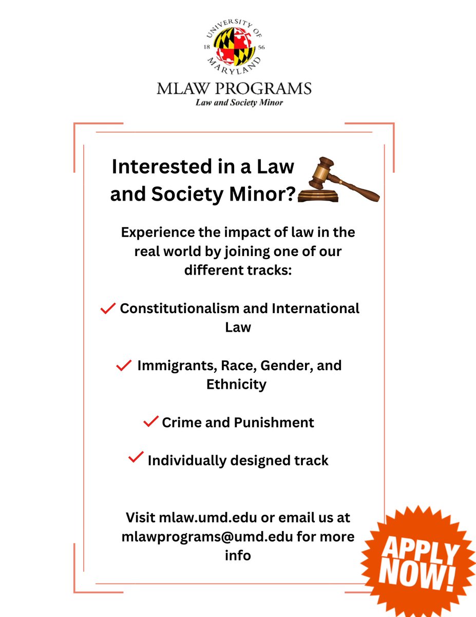 Applications for @mlawrules Law and Society minor are now open! Visit mlaw@umd.edu for more information!