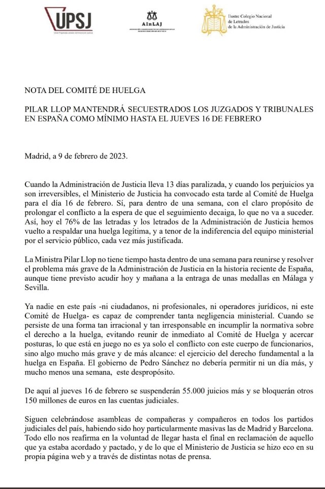 Después de 13 días de #HuelgaindefinidaLAJ  el <a href="/justiciagob/">Ministerio de la Presidencia, Justicia y R. Cortes</a> convoca al comité de huelga para dentro de una semana,tenemos a una ministra @pilar_llop incapaz de cumplir con los acuerdos pactados.