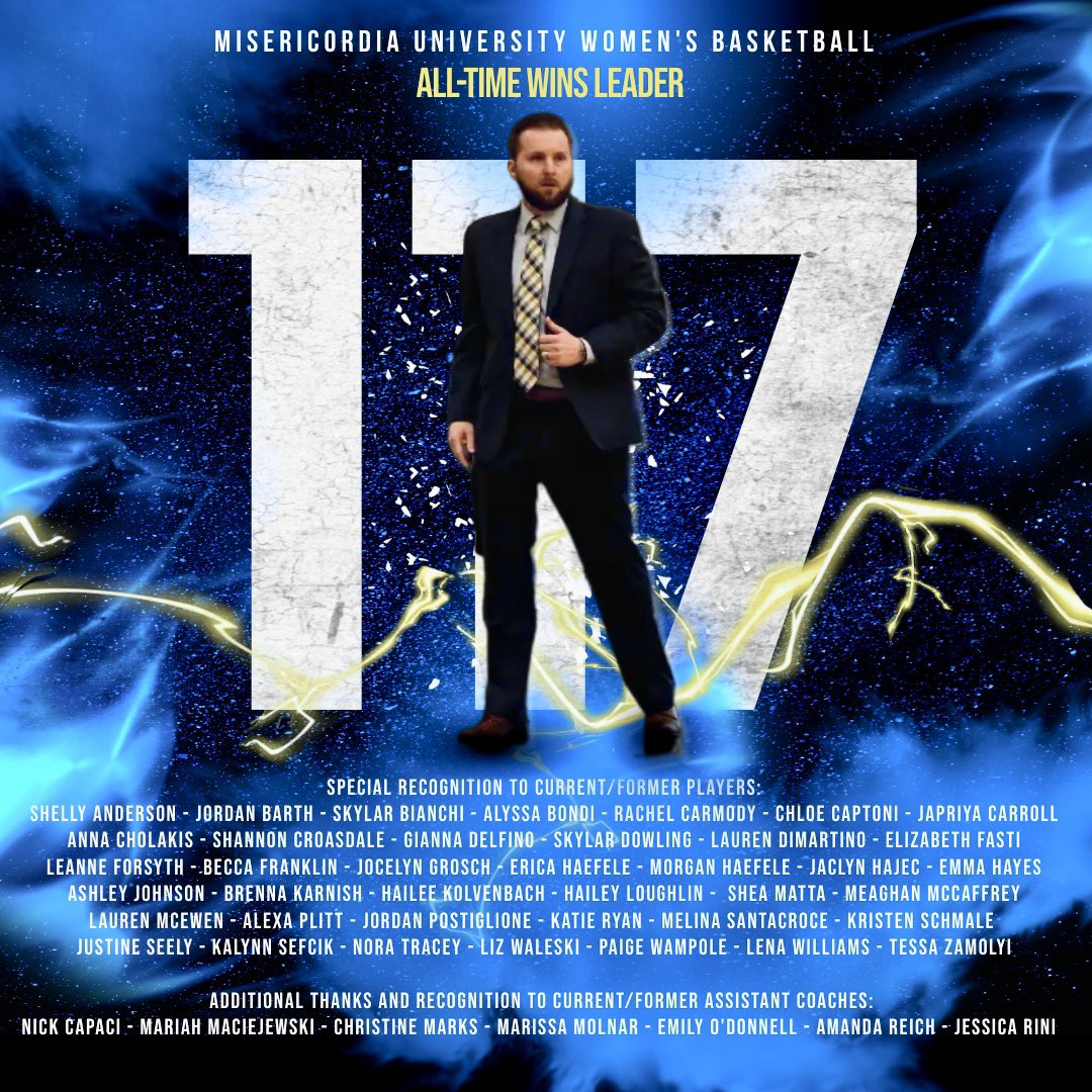 MisericordiaWBB's tweet photo. ICYMI - Coach Jason Rhine became the All-Time Wins Leader last night for our Women’s Basketball at Misericordia University. Women’s Basketball is a program that dates back to the 1920’s here at MU! https://t.co/d1jHAiBtrL