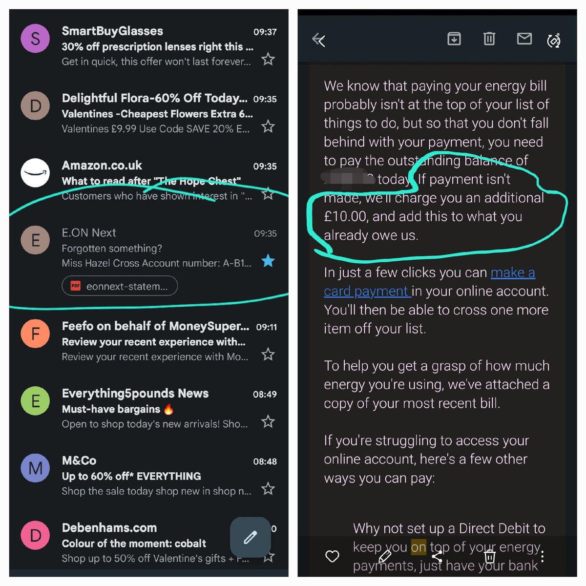 HazelCrossFife's tweet photo. 2/3 How bizarre - account not in default &amp; 7 day payment terms set not yet passed, real balance of power move &amp; bullish tactics by E.ON Phonecall to EON was no help at all. Official complaint made &amp; also escalated to the Ombudsman as EON have stated cannot resolve so deadlocked https://t.co/0vRLf8qx0p