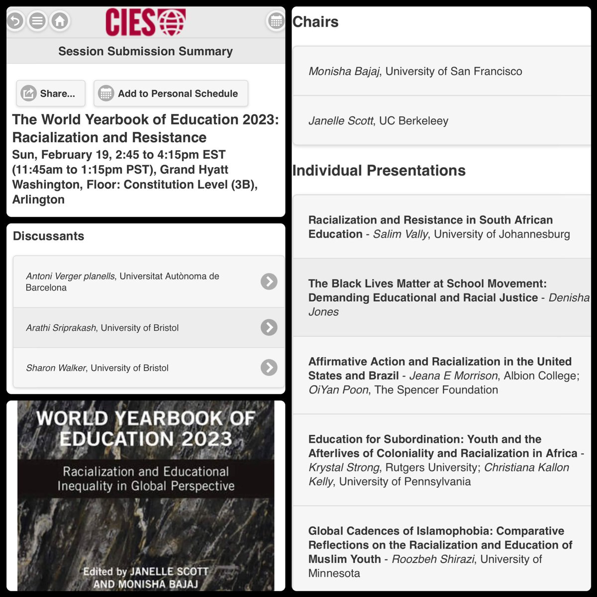 Going to #CIES2023? Join for this panel on the 2023 World Yearbook of Ed “Racialization & Educational Inequality in Global Perspective” | 2/19, 2:45p
@janelletscott @VergerAntoni @hebzoori @arathings @cheriepolo @spamfriedrice @jem_fly @salim_vally  @misskstrong @cskallon & more