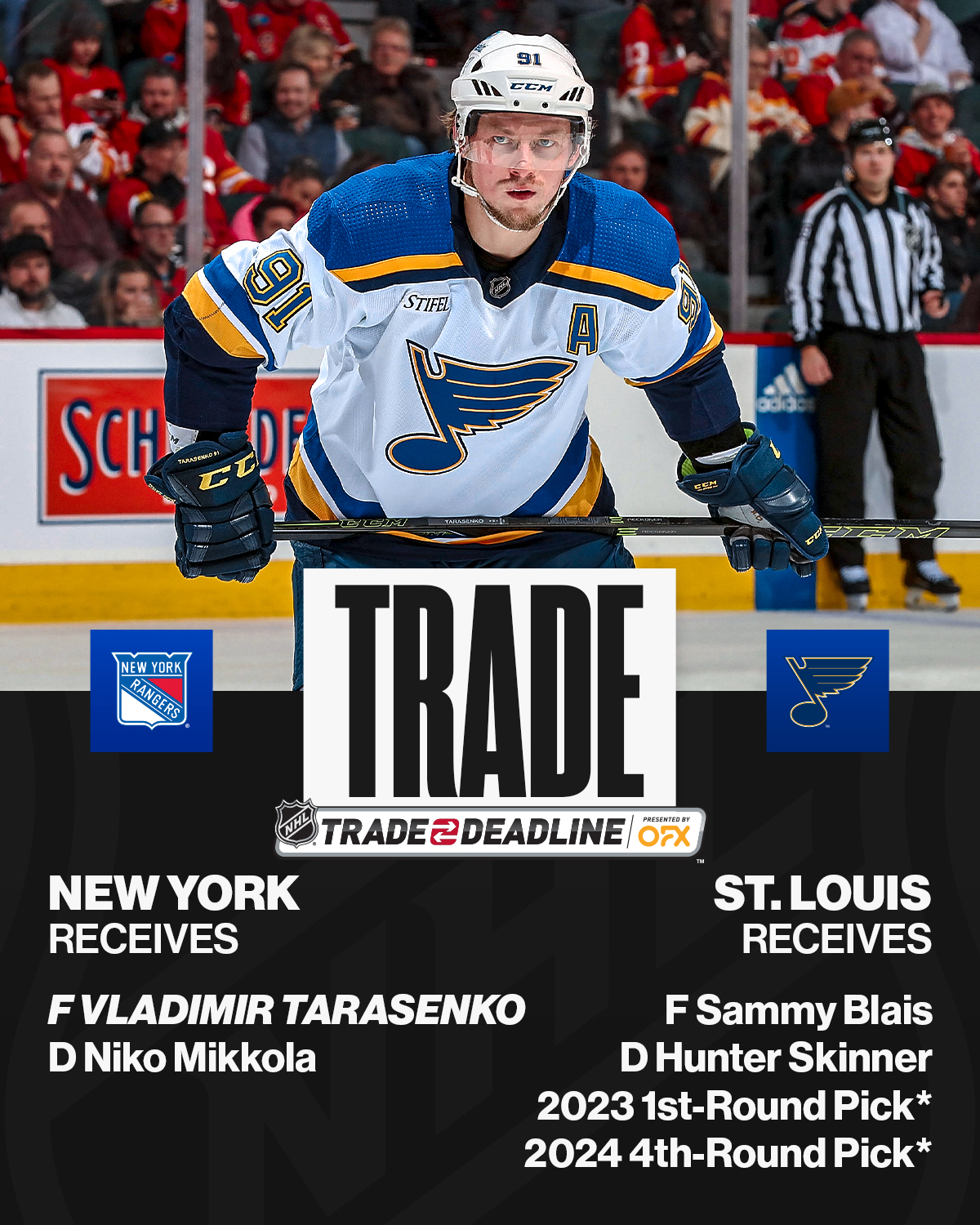Blues trade Tarasenko to Rangers