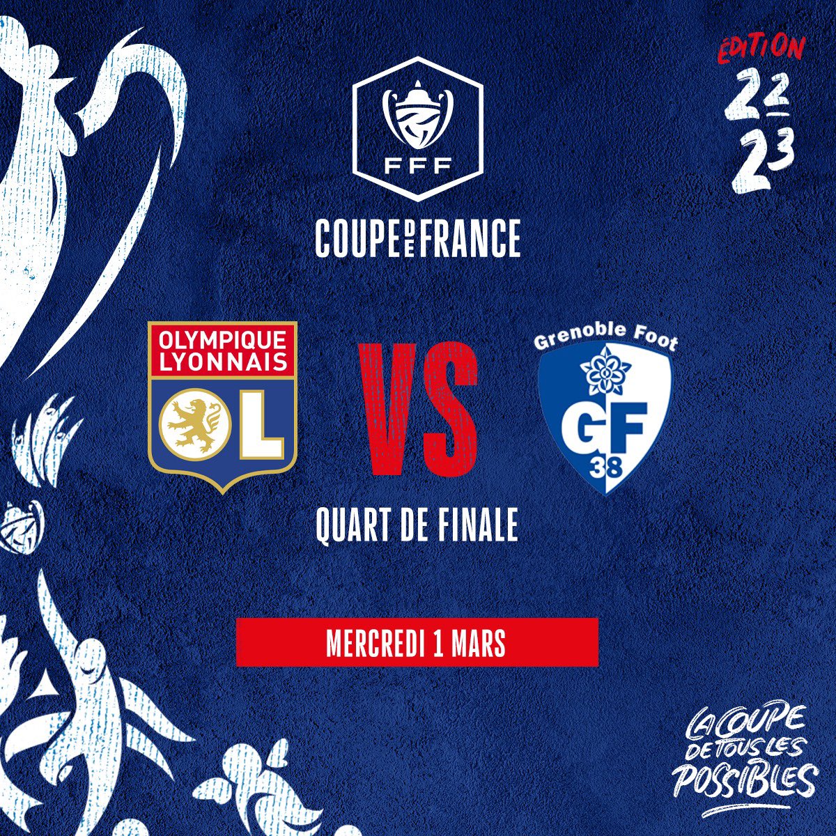 GF38_Officiel's tweet photo. Olympique Lyonnais (L1) - GF38 ! 

Pour le compte des 𝟏/𝟒 𝐝𝐞 𝐟𝐢𝐧𝐚𝐥𝐞 de @coupedefrance , nous iront à @OL ! 

#EnsembleGagnonsLesSommets https://t.co/OPxevwLszn