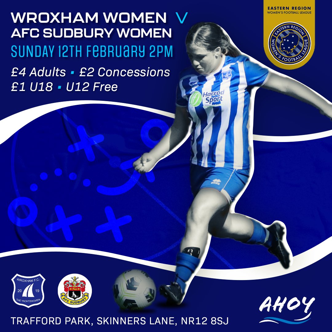 WroxhamWomen's tweet photo. Back in League action 🔜 🏠

@WroxhamWomen v @AFCSudbury 

🕰️2pm

📍Home

💵 £4/2/1

🍔🍺Bar open, Hot and cold drinks/food available 

Come and support the Yachtswomen💙 https://t.co/GLMQHVh7yv