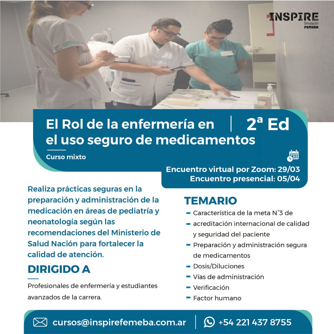 ¡Llegó la segunda edición!

Una actividad destinada al equipo de #enfermería donde conoceran la importancia de implementar prácticas seguras en la preparación y administración de medicamentos, su incidencia en calidad de atención y seguridad del paciente.