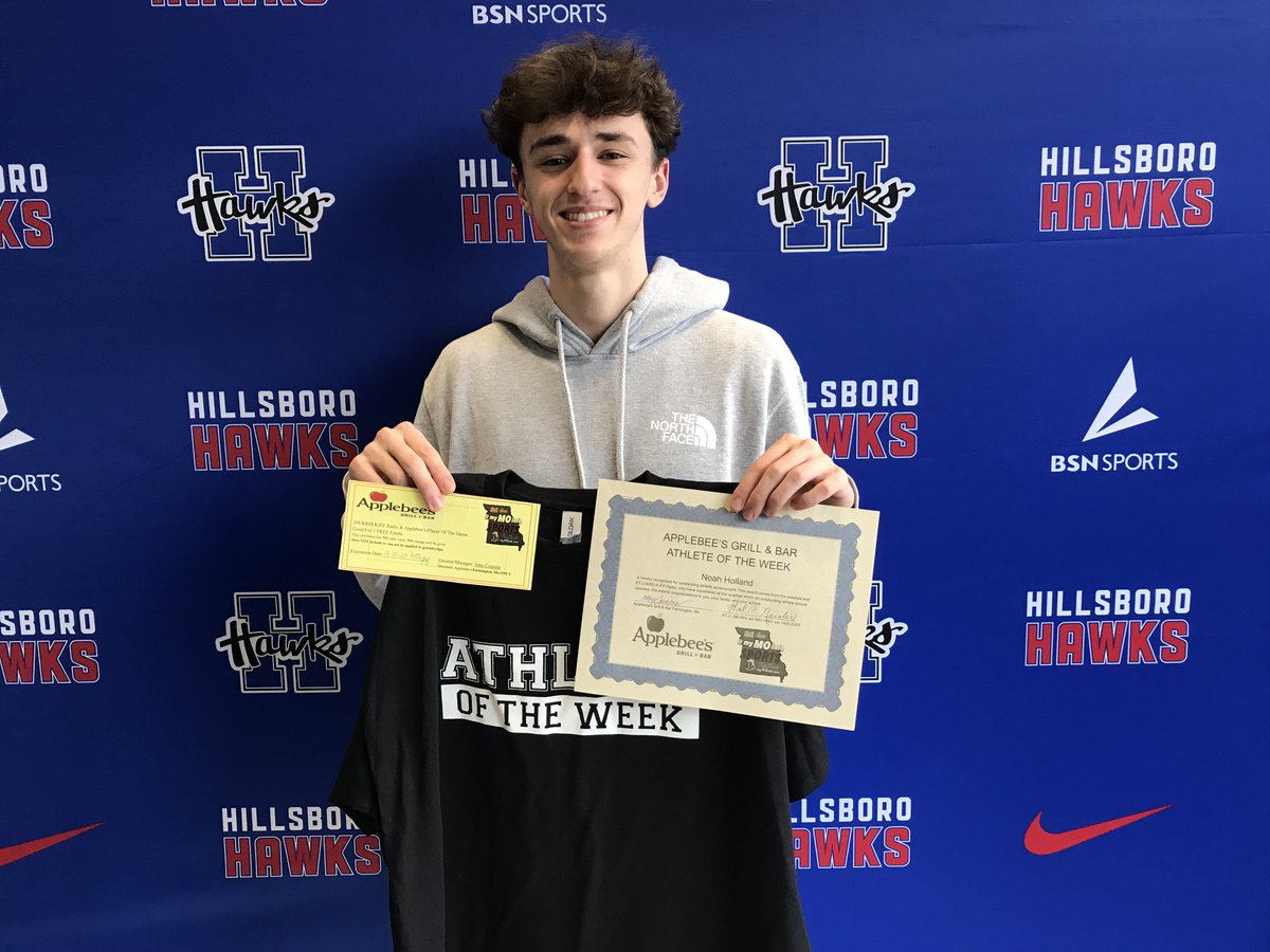 Another congratulations goes out to @NoahHolland22 for earning the "Applebee's Grill &amp; Bar Athlete of The Week". Well deserved Noah! <a href="/HBoroBoysBBall/">Hillsboro Hawks Boys Basketball</a> <a href="/HHSTRACK2016/">HHS Girls Track</a> <a href="/Hillsboro_R3/">Hillsboro R-III Schools</a>
