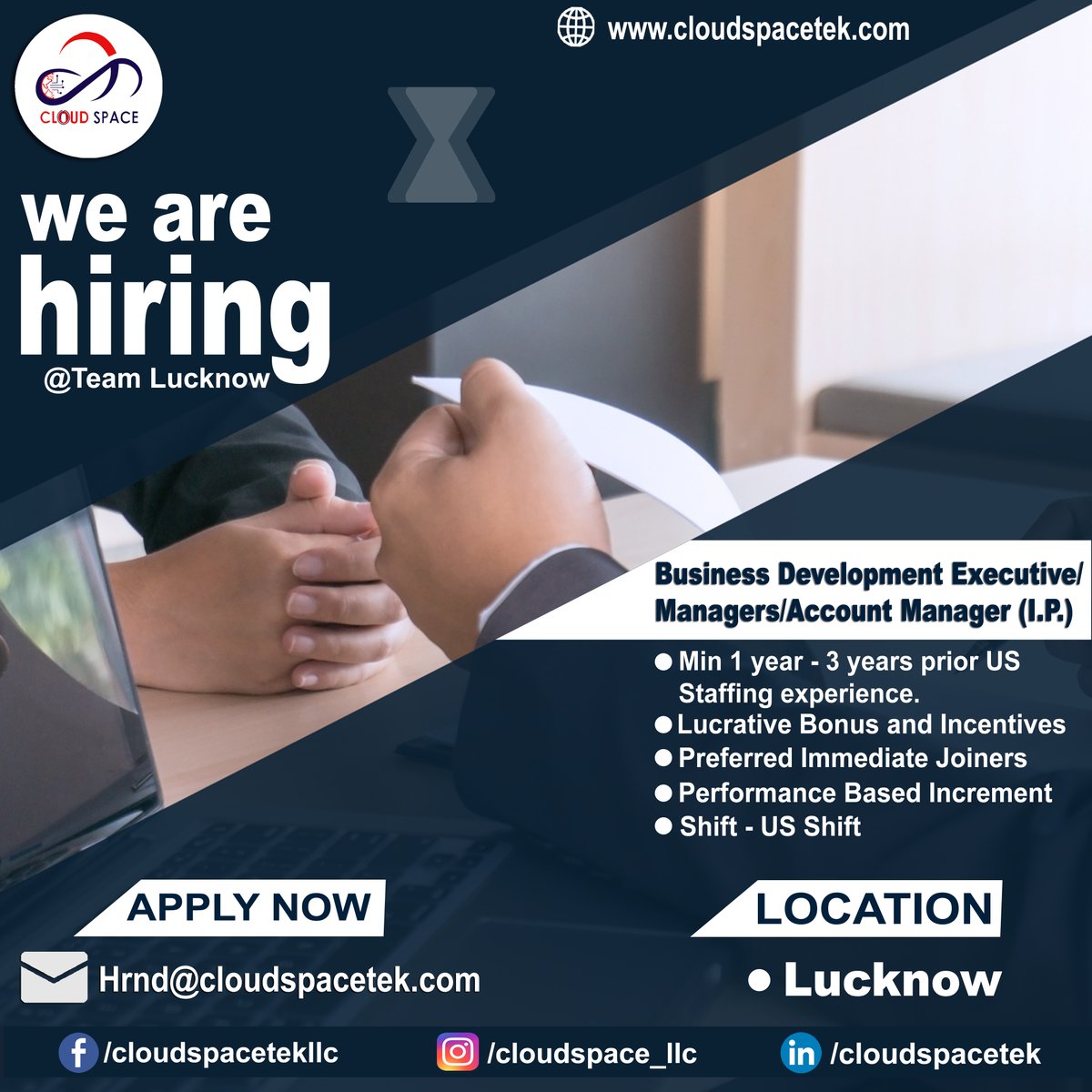 #hiringalert

#cloudspacellc #cloudspacelucknow #lucknowjobs #usstaffing #salesmanager #hiringalerts #primevendors #businessdevelopmentmanager #usrecruitment #bdm
#recruiters #lucknow #jobs #megahring #hiringalert #hiring #jobs #recruiters #bdm #BDM #technicalrecruters