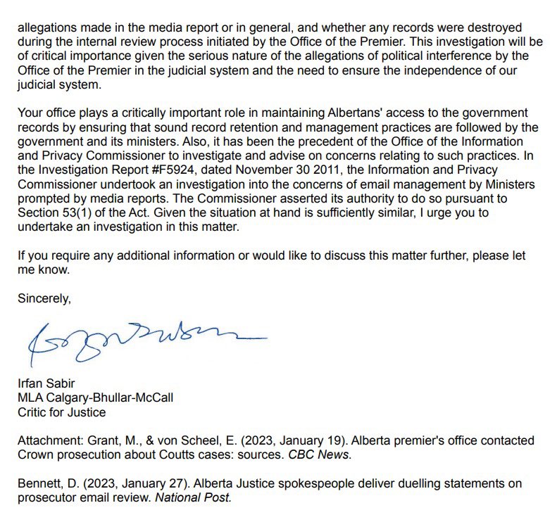 MLAIrfanSabir's tweet photo. Today, I have requested the Office of the Information and Privacy Commissioner to investigate the UCP's possible deletion of emails regarding their interference in the justice system. 

The UCP keeps running from this issue. Albertans deserve accountability. 

#ableg https://t.co/CFV2Pgl9dx