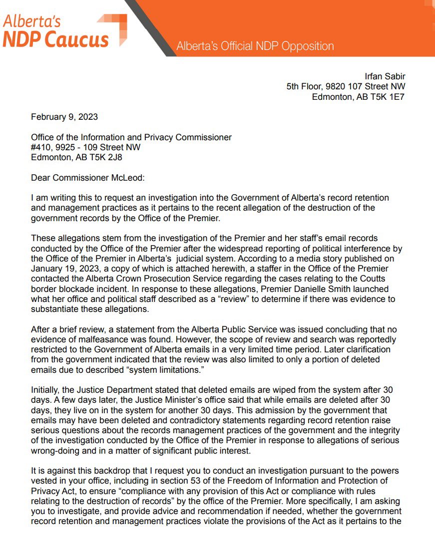MLAIrfanSabir's tweet photo. Today, I have requested the Office of the Information and Privacy Commissioner to investigate the UCP's possible deletion of emails regarding their interference in the justice system. 

The UCP keeps running from this issue. Albertans deserve accountability. 

#ableg https://t.co/CFV2Pgl9dx