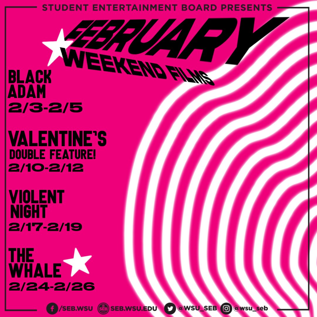 A new month of weekend films are here! 🎥‼️

Valentine’s Weekend: Dirty Dancing &amp; Grease (Feb 10-12)💖

Violent Night (Feb 17-19) 🎅

The Whale (Feb 24-26) 🌊

All showings will be at our normal times: Friday &amp; Saturday at 6PM and 9PM, and Sunday at 4PM and 7PM!  

See you there!