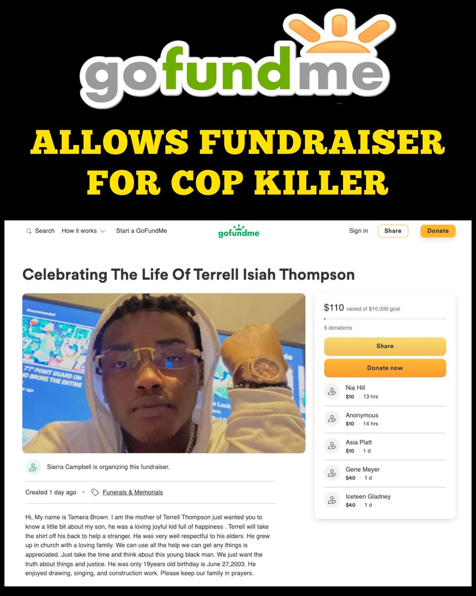 GLFOP's tweet photo. SHAMEFUL: To allow a public fundraiser to take place for a #CopKiller who senselessly murdered Milwaukee Police Officer Peter Jerving is disgraceful.

@gofundme can you explain why you're allowing a fundraiser to take place for a #CopKiller?! https://t.co/U1YXl9E0QN