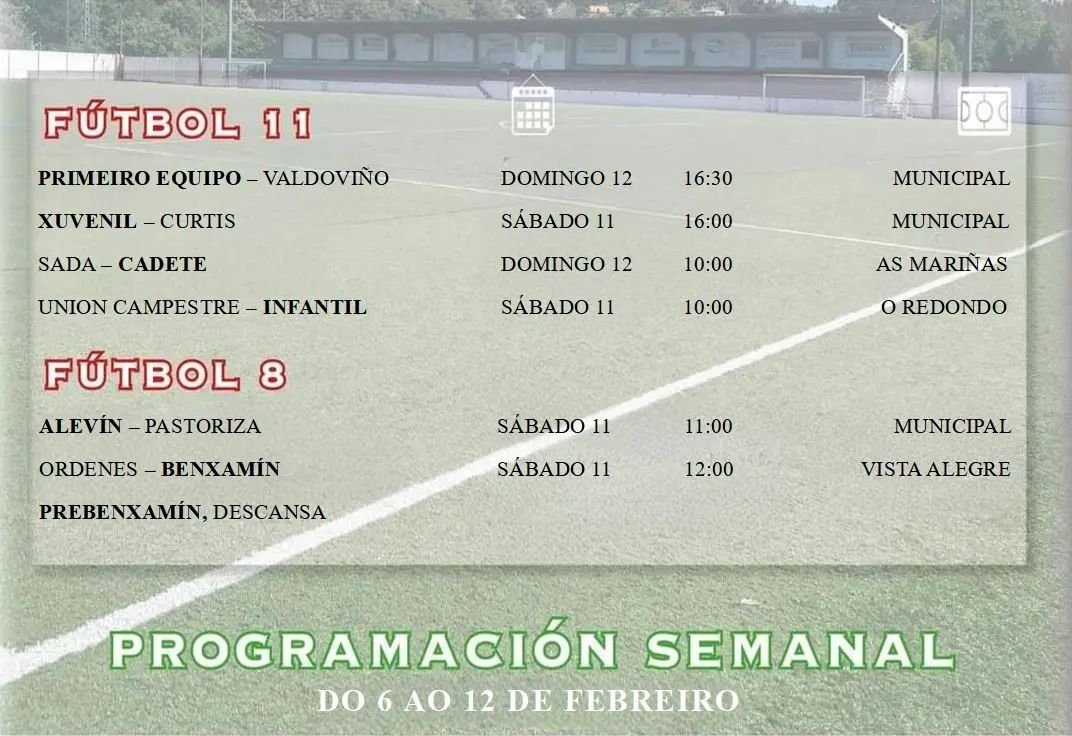 Laracha Club de Fútbol (@larachacf) on Twitter photo Xa queda menos para un finde no que boa parte da actividade queda para o sábado.
O Domingo ás 10:00 será o turno do Cadete e o Sénior xogará ás 16:30 contra o <a href="/sd/">🚀 Sebastián Delmont 🫓</a>.valdovino no Municipal.
#Laracha #Horarios #Canteira #EnPrimeiraFila Xa queda menos para un finde no que boa parte da actividade queda para o sábado.
O Domingo ás 10:00 será o turno do Cadete e o Sénior xogará ás 16:30 contra o <a href="/sd/">🚀 Sebastián Delmont 🫓</a>.valdovino no Municipal.
#Laracha #Horarios #Canteira #EnPrimeiraFila