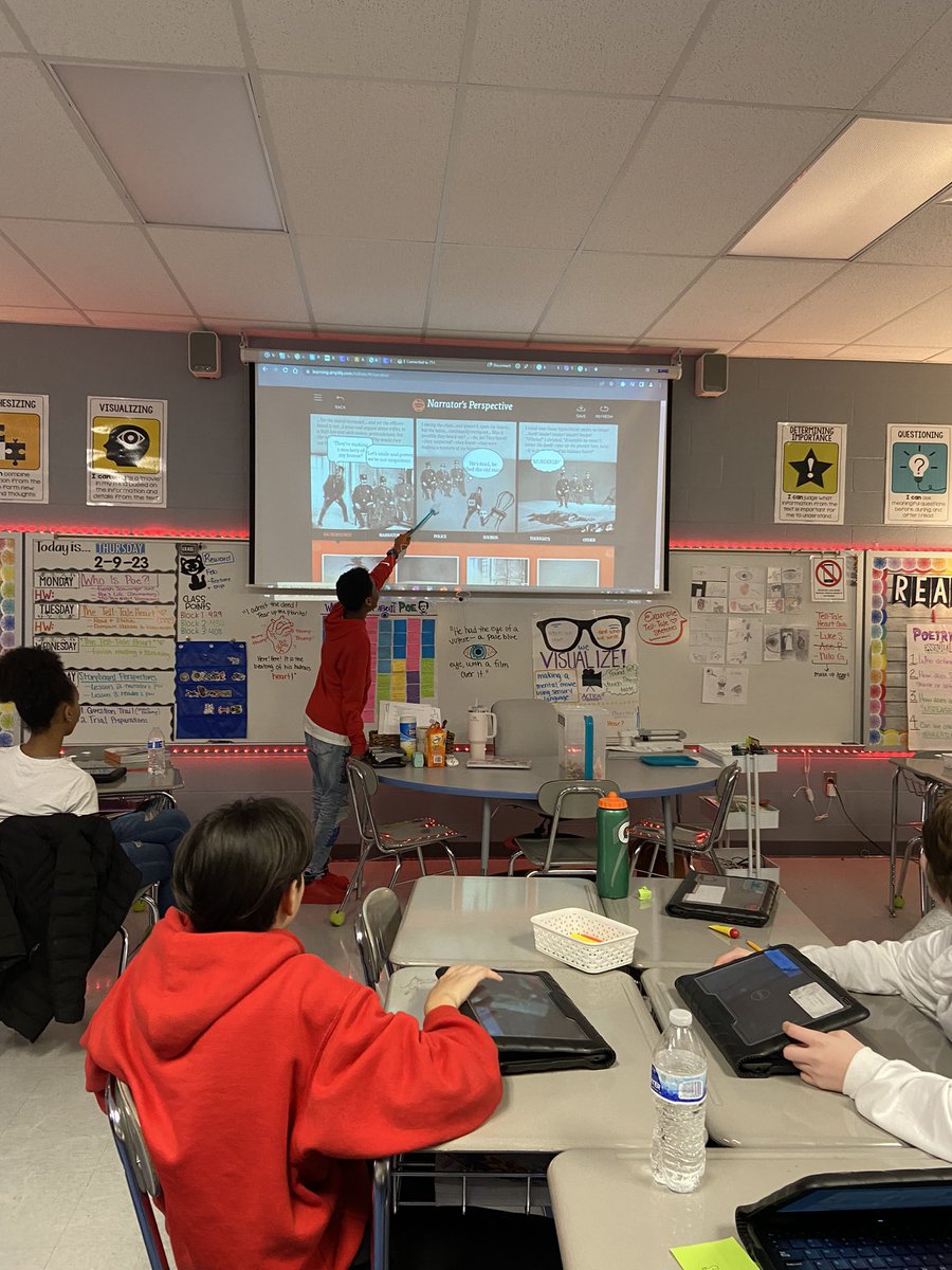 Sharing out the narrator’s perspective of the Tell-Tale Heart using the Tell-Tale Art app on <a href="/Amplify/">Amplify</a> today! Kids connected through their laptops to present and explain their storyboards!