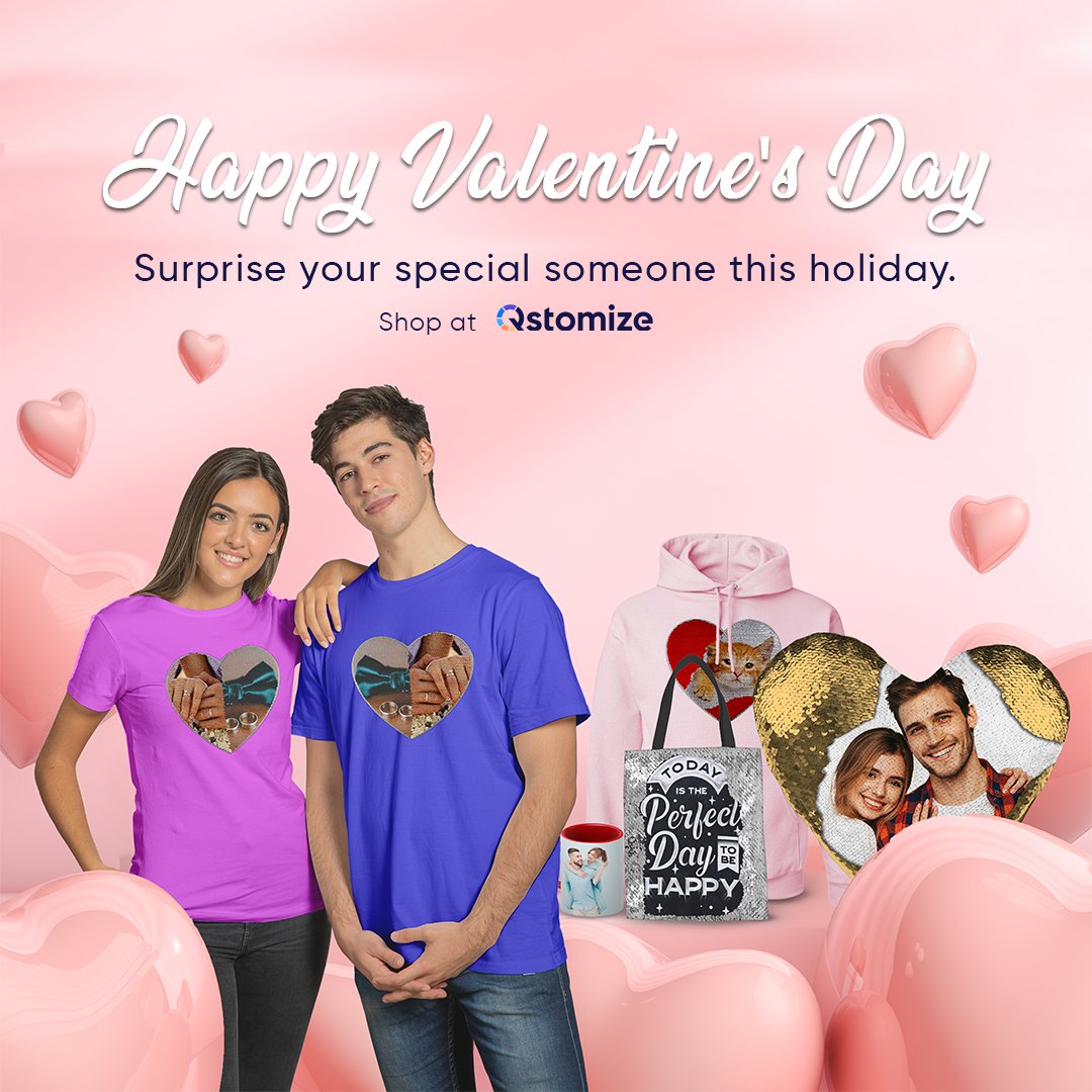qstomize's tweet photo. Share the love this Valentine’s Day! Create matching shirts for you and your partner in crime, or level up your gift-giving with our custom pillows, mugs &amp; more.

#valentinesdaygifts #bemine #velentinessale https://t.co/PylaSUuSd0
