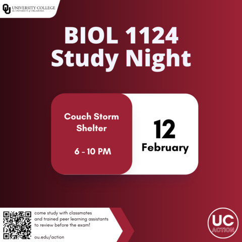 🔬 Want some help studying for your BIOL 1124 exam? 🔬 

Come to the UC Action Study Night on February 12th from 6:00p-10:00p CT in Couch Storm Shelter!

Can't join us in person? Never fear! You can join us on Zoom by checking in here: iadvise.ou.edu/action-tutorin…