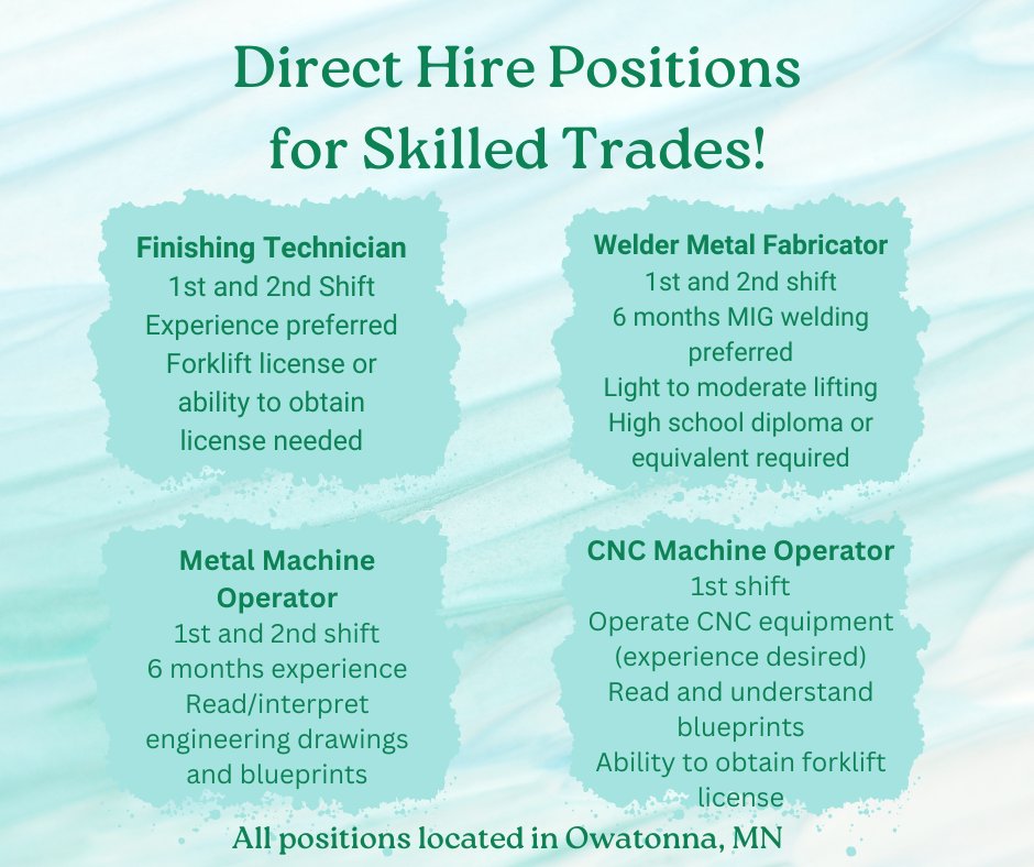 ExpressOwatonn1's tweet photo. New Direct Hire positions available in Owatonna! Call us today at 507-455-3002 for more information.
https://t.co/otKLSGAb7y https://t.co/hoIIWHxAGG
