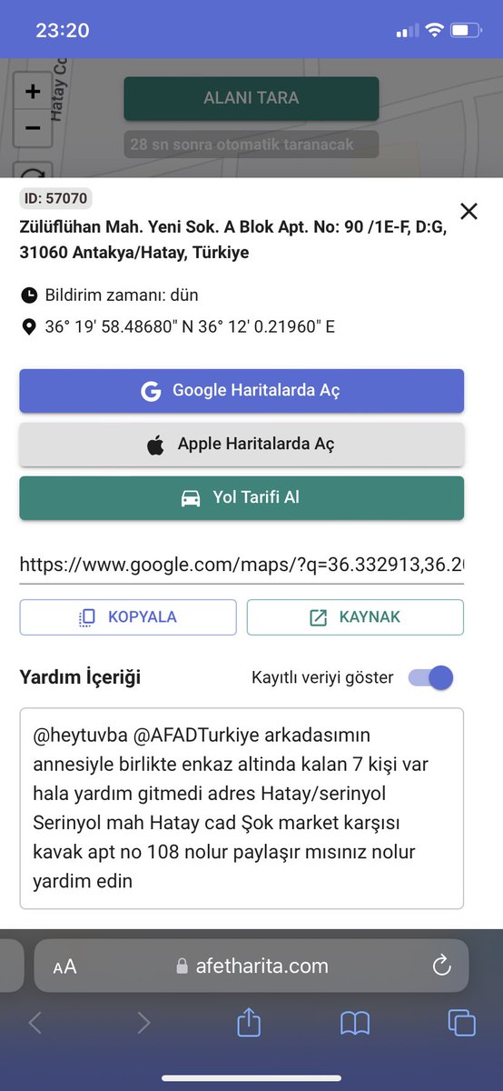 afetharita.com devreye girmiş. Bu kritik saatlerde süreci çok hızlandırabilir. Atılan yüm tweetleri ve yardım çağrılarını harita üzerinde işaretli olarak sunuyor. Bu siteyi acil yaymamız gerektiğini düşünüyorum çünkü kritik saatlerdeyiz