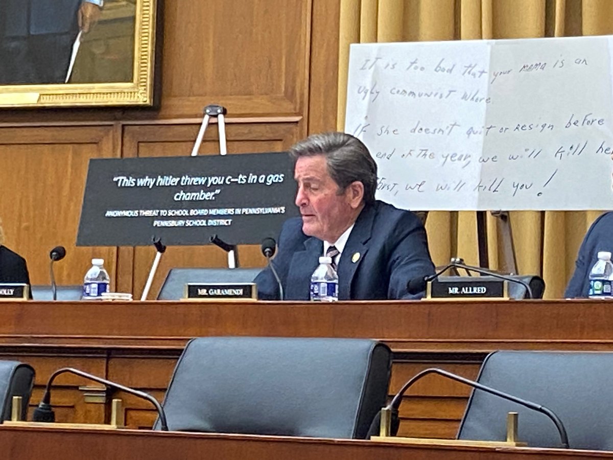 kadiagoba's tweet photo. Dropping in on the "weaponization" committee hearing and Rep. Garamendi, has behind him a sign that says, “This is why hitler threw your c--ts in a gas chamber," as an example of the anonymous threat to a school board member in Pennsylvania. https://t.co/bTCNrFMx5J
