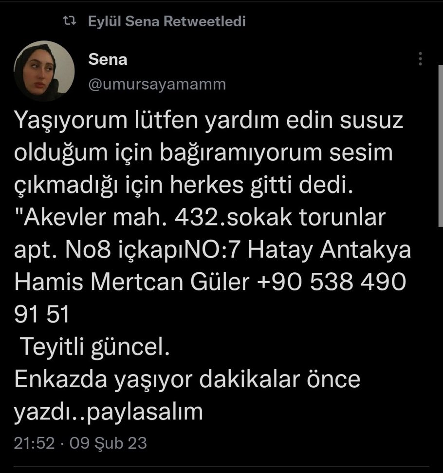 .
#ACİL

Sessizlerin sesi olalım lütfen ey kurtarma ekipleri!

#AFADANTAKYA #AFADbaskanlık <a href="/ahbap/">Ahbap</a> <a href="/ihhinsaniyardim/">İHH</a>