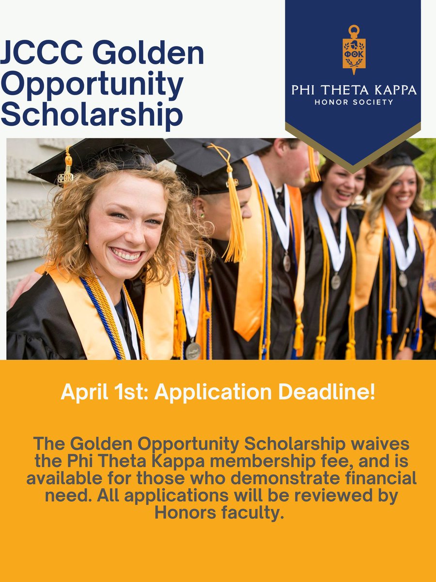 JCCCPTK's tweet photo. Worried about the PTK membership fee? No need to fret! The Golden Opportunity Scholarship is still available. To apply, send honors@jccc.edu an email and describe what that money means to you.

All applications are due April 1st. https://t.co/rEBZnn5VjA