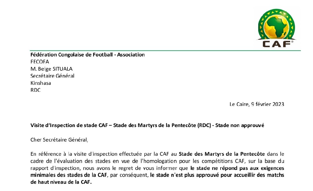 Urgent le stade des martyrs non homologué et fermé à toutes compétitions CAF !