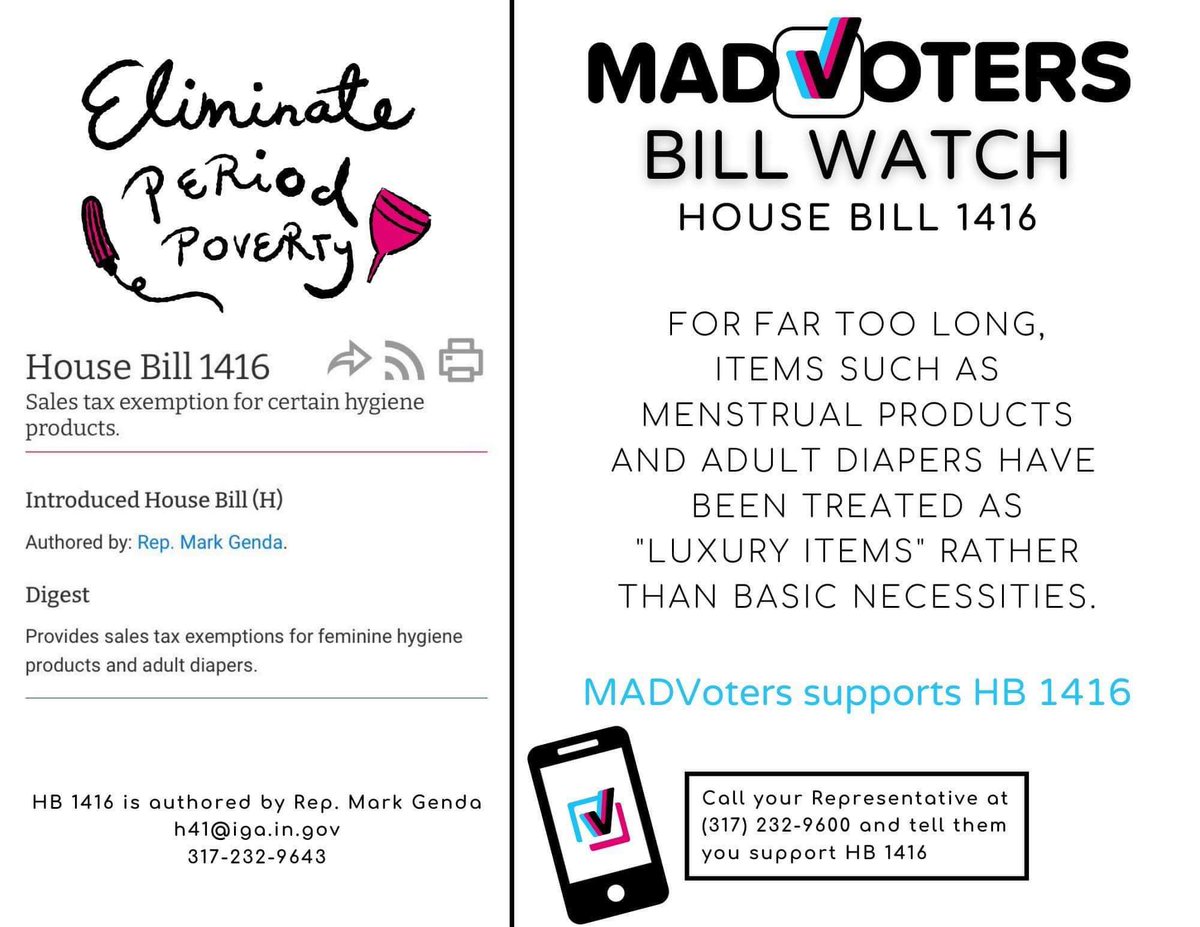 One of MADVoters' core values is #economicequity. We support Rep. Mark J. Genda's bill that would remove sales tax from basic hygienic necessities like menstrual products and adult diapers. 
#madvoters #getMAD #indianapolitics