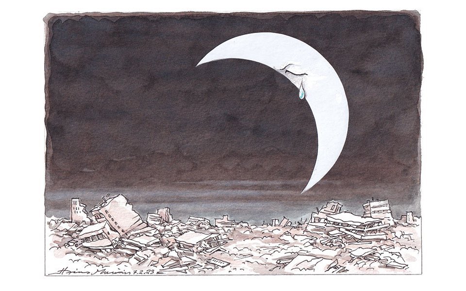 kenanipekmusic's tweet photo. Yunan Karikatürist Ilias Makris (@Kathimerini_gr için) tek bir kelime kullanmadan #TürkiyeDepremi hakkında her şeyi anlatıyor.

#PreyforTurkey #Malatya #MARAS #hatay https://t.co/0v4u520UKF