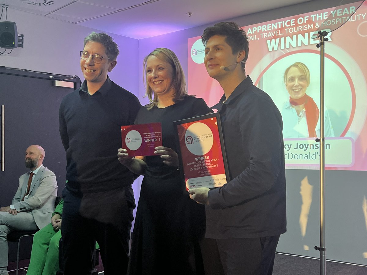 businesslive's tweet photo. The award for Apprentice of the Year - Retail, Travel, Tourism &amp; Hospitality, in partnership with @skernlodge, goes to Vicky Joynson from McDonald’s. Well done Vicky #NWApprenticeshipAwards https://t.co/zkwKYfNuAb