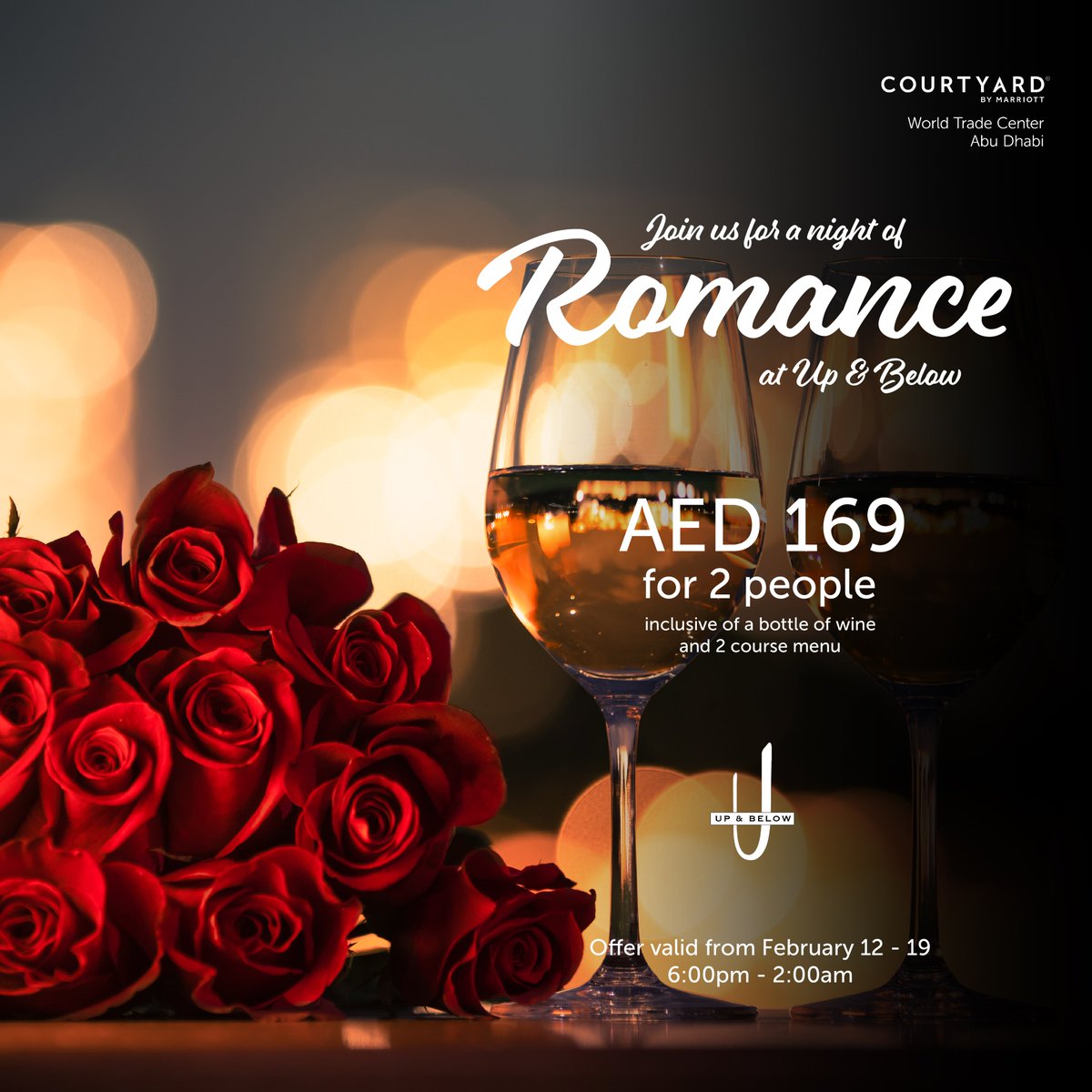 TheCapitalList's tweet photo. Whether you’re spending Valentine’s Day with your loved one or besties, Courtyard by Marriott World Trade Center, Abu Dhabi got the perfect ambiance at Up &amp; Below.
From February 12 - 19, 2023 | Starting 6pm onwards

Details: https://t.co/UlCLJTFI1H https://t.co/igcqz50EyO