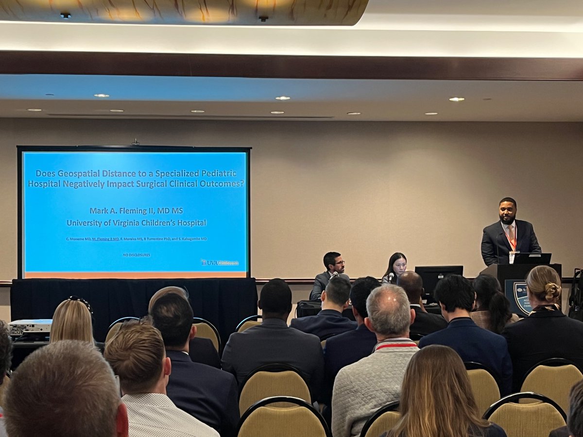 Dr. Mark Fleming @fleming_ii presenting his research on “Does Geospatial Distance to a Specialized Pediatric Hospital Negatively Impact Surgical Clinical Outcomes?” at #ASC2023. We are so lucky @UVASurgery to have him as a senior!