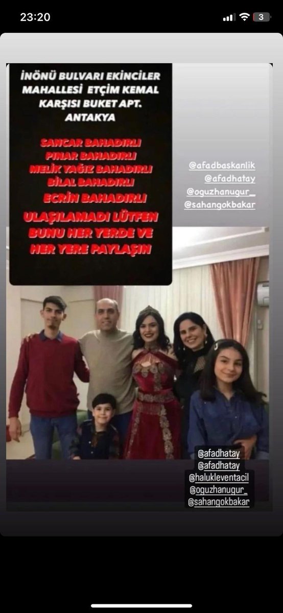 Termal kameralarla bakılmış ve vücut ısılarından hala sağ oldukları tespit edilmiş. İnönü Bulvarı Ekinciler Mah. Etçim Kemal karşısı Buket apt. Antakya/Hatay
#AFADhatay
#ACILYARDIM
#antakyahatay
#ekincilermahallesi
#antakyadeprem
#AhbapDernegi
#AFADANTAKYA