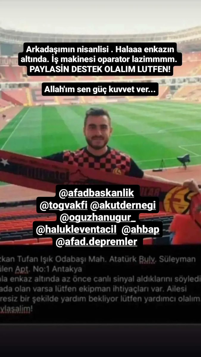 kubra_yamanoglu's tweet photo. Özkan tufan ışık Hala hayatta enkaz altından çikartilan arkadaşı hayatta olduğunu söyledi sesinizi duyuralim... Hatay Antakya odabaşı mahallesi Atatürk caddesi Süleyman gülen apart #ACİL YARDIM # #AhbapDernegi #HalukLevent #babalatv #AKUT #OguzhanUgur #AFAD #AFADhatay https://t.co/P6B71xvDFX