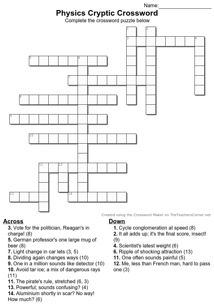 cypherspace's tweet image. Evening all. Been having fun making a cryptic crossword. Answers available via DM. Enjoy and feel free to share/use with classes. #chatphysics #iteachphysics