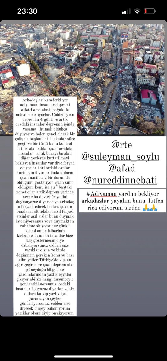 novalunos_'s tweet photo. Adıyaman’da yardıma ihtiyaç var, enkazlar için yardım gerekiyor.Depremden kurtulsalar bile bu soğuk hava ile mücadele ediyorlar. Lütfen Adıyaman içinde sesimizi duyuralım yardım edelim. @OguzhanUgur @kadifeofficial @haluklevent #YardimTalebi #adiyamandeprem https://t.co/hH7XT75fhA