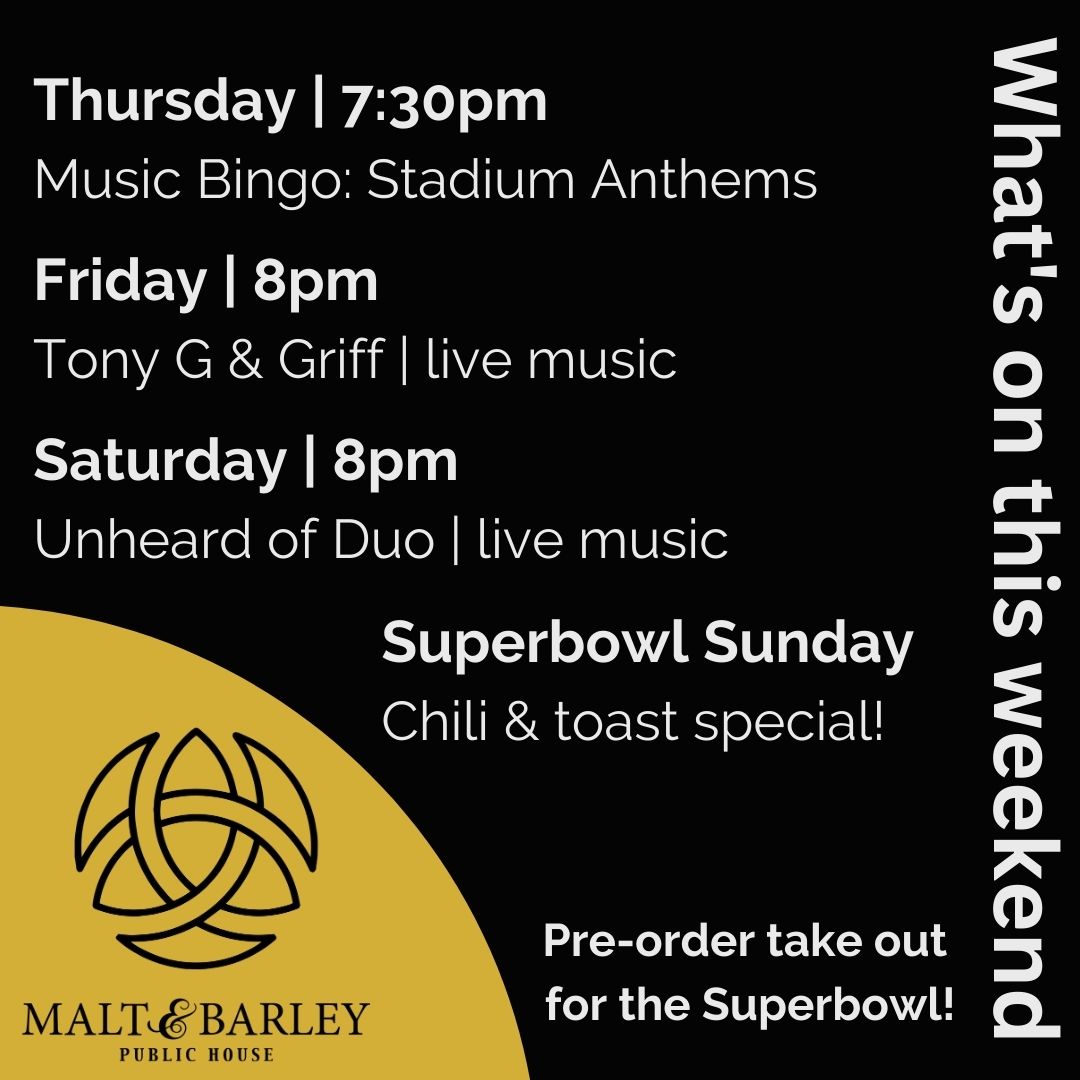 Tonight! Music Bingo at 7:30pm. Listen to your fave sport anthems. This wknd live music starts 8pm Fri & Sat. Sun, come for the chili stay for the Superbowl! 

#kwawesome #yourlocalpub #eatlocal #supportlocal #pubgames #livemusic #kwmusic #whattodokw #whattodowr #whatson