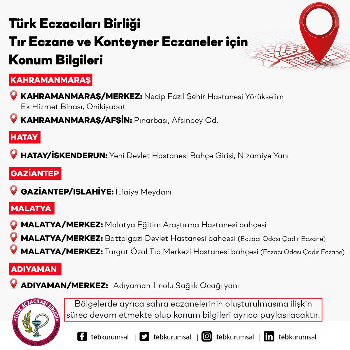 Musa Özsoy (@musaozsoytr) on Twitter photo Türkiye Eczacılar Birliği tarafından deprem bölgesinde mobil eczaneler kuruldu. Kahramanmaraş, Hatay, Gaziantep, Malatya ve Adıyaman'da kurulan mobil eczanelerin konum bilgilerini siz de RT yaparak yaygınlaştırabilirsiniz.
<a href="/tebkurumsal/">Türk Eczacıları Birliği</a> Türkiye Eczacılar Birliği tarafından deprem bölgesinde mobil eczaneler kuruldu. Kahramanmaraş, Hatay, Gaziantep, Malatya ve Adıyaman'da kurulan mobil eczanelerin konum bilgilerini siz de RT yaparak yaygınlaştırabilirsiniz.
<a href="/tebkurumsal/">Türk Eczacıları Birliği</a>
