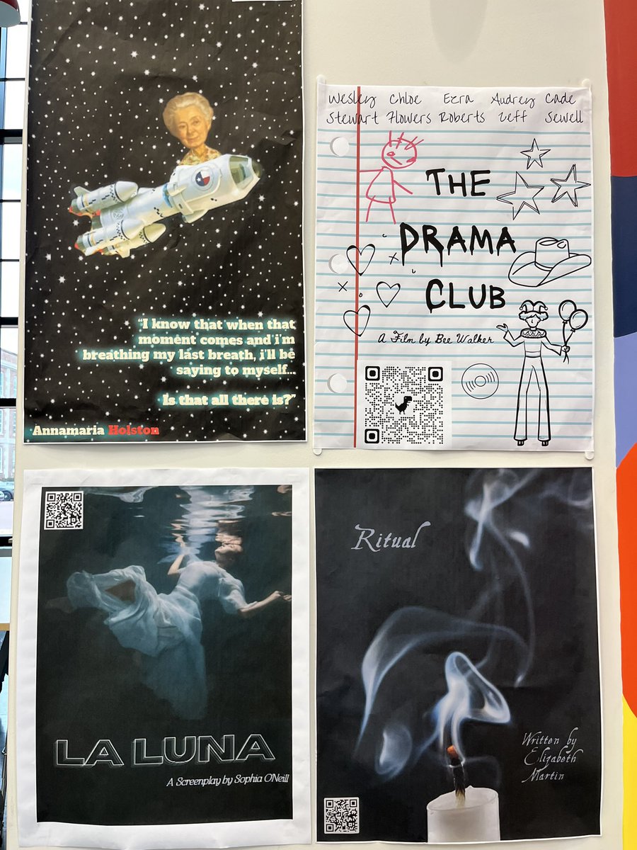 susangbarber's tweet photo. Our school (@APSMidtown) offers a dramatic writing class for senior English credit. Here are the self-created movie posters with QR codes to the scripts they wrote. Shout out to their amazing teacher - @KateCarterATL https://t.co/2CIazobUio