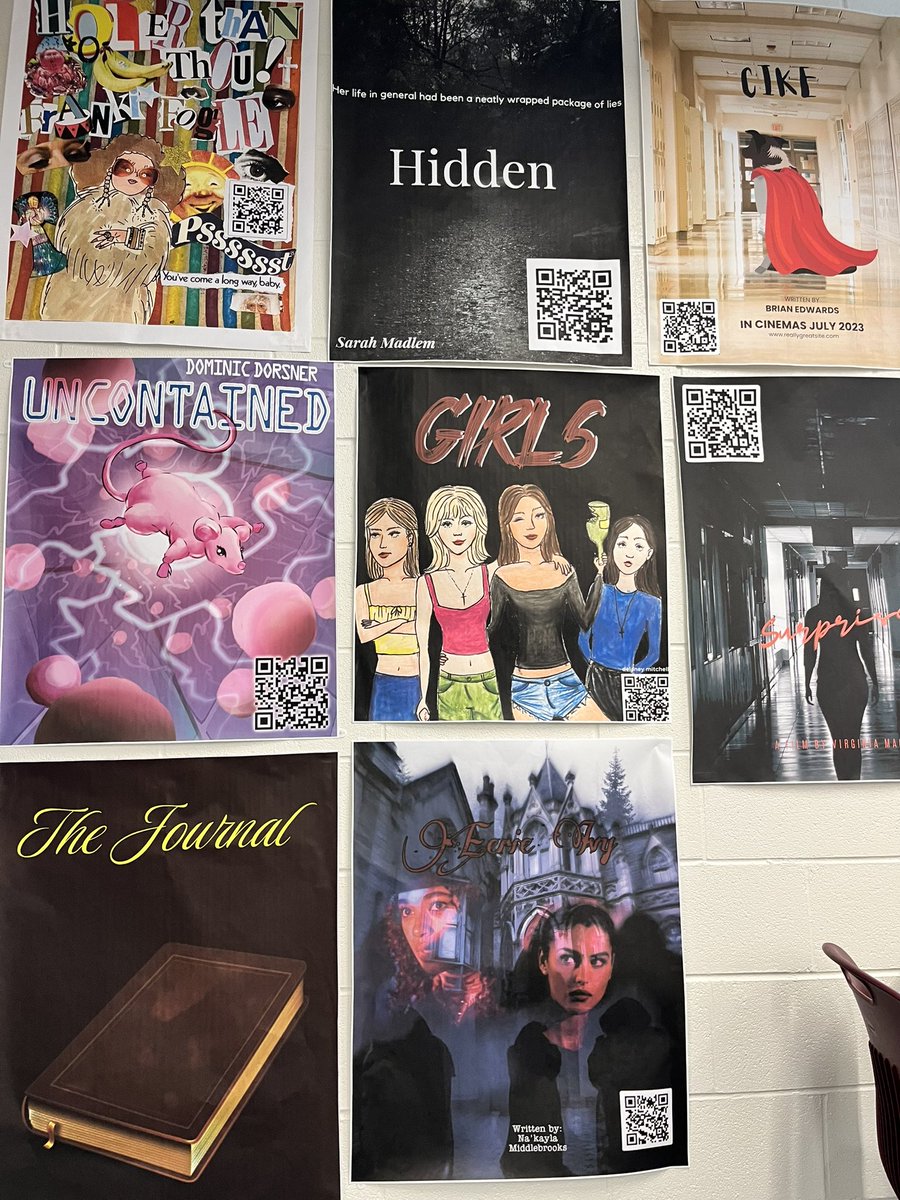 susangbarber's tweet photo. Our school (@APSMidtown) offers a dramatic writing class for senior English credit. Here are the self-created movie posters with QR codes to the scripts they wrote. Shout out to their amazing teacher - @KateCarterATL https://t.co/2CIazobUio