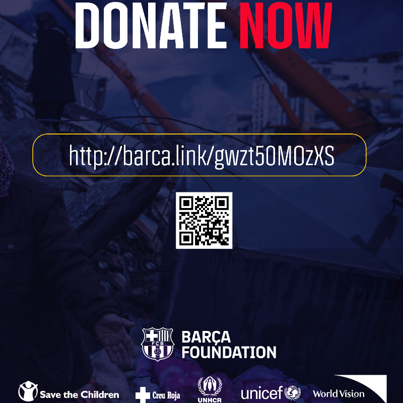FCBarcelona's tweet photo. ❤️ Donate now to help those affected by the earthquake in Turkey and Syria

Pledge your support via the FC Barcelona Foundation and help the victims of the natural disaster that has claimed over 20,000 lives.