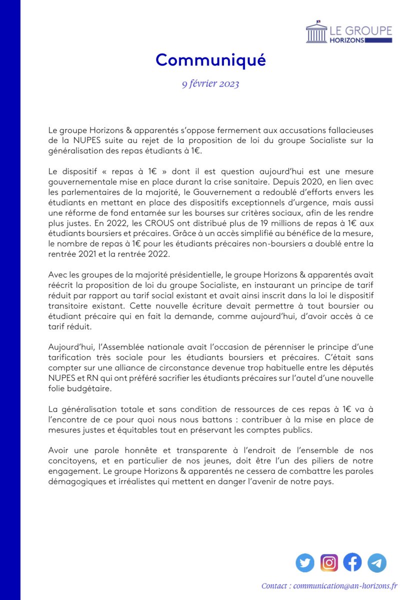 Notre réaction suite au rejet de la proposition de loi sur la généralisation des repas étudiants à 1€ ⤵️