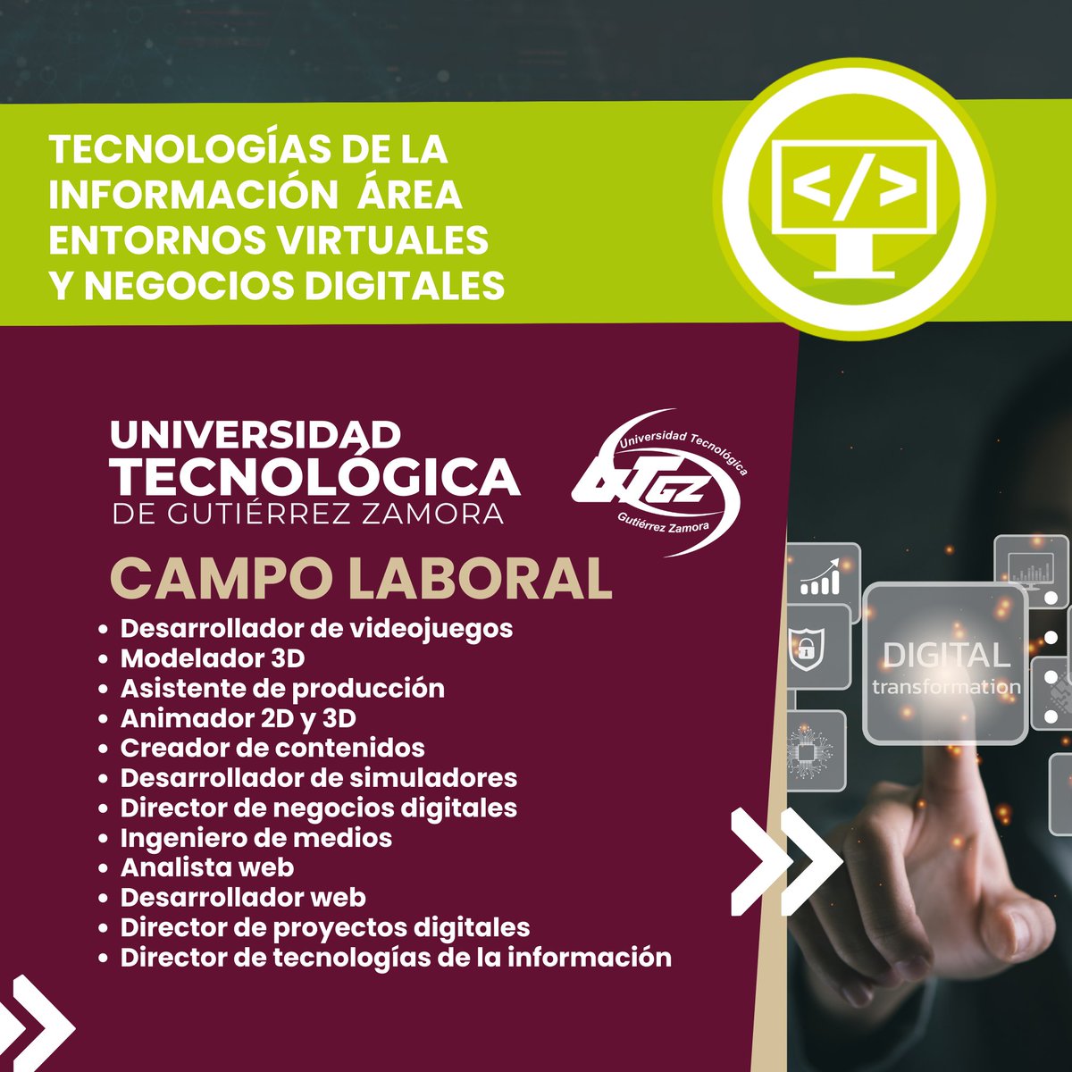 utgzamora's tweet photo. Estudia Tecnologías de la Información Área Entornos Virtuales y Negocios Digitales en la Universidad Tecnológica de Gutiérrez Zamora.
Entrega de fichas a partir del 13 de febrero. https://t.co/hX0X8Czkn2