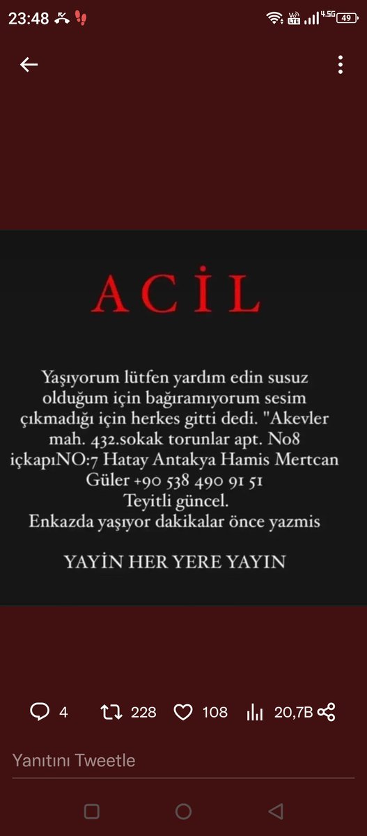 #TahaDuymazaAcilYardım 
#AhbapDernegi 
#isbankası 
#hatayantakya 
<a href="/AFADHatay/">AFAD HATAY</a> 
@ahbaphatay