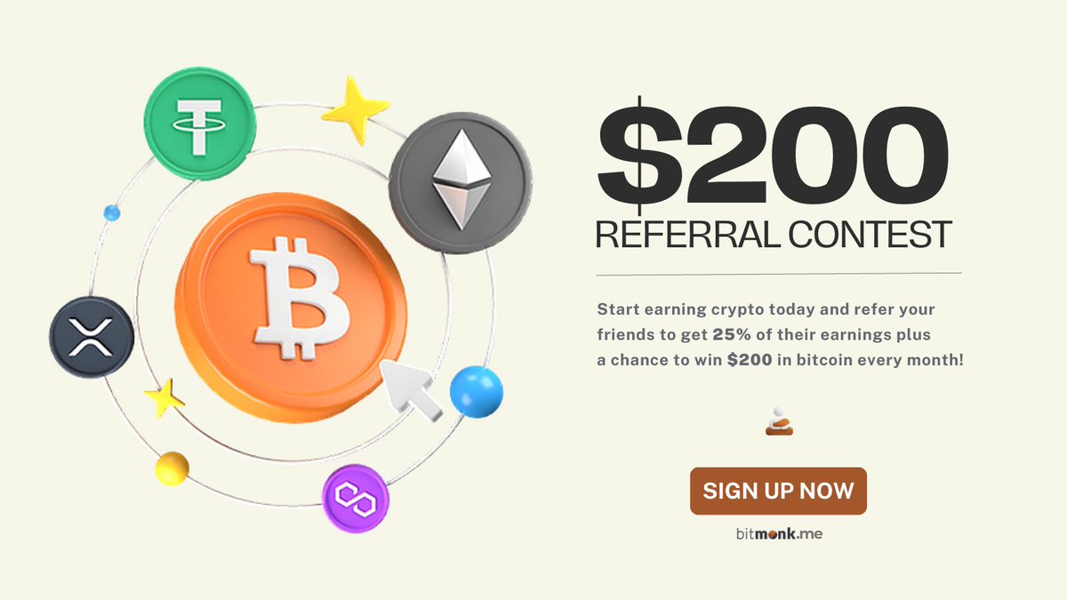 Want to get $200 worth of bitcoin? Get started by signing up and referring your friends and family right now to increase your chances of winning BIG! the more people you refer the bigger the rewards. bitmonk.me