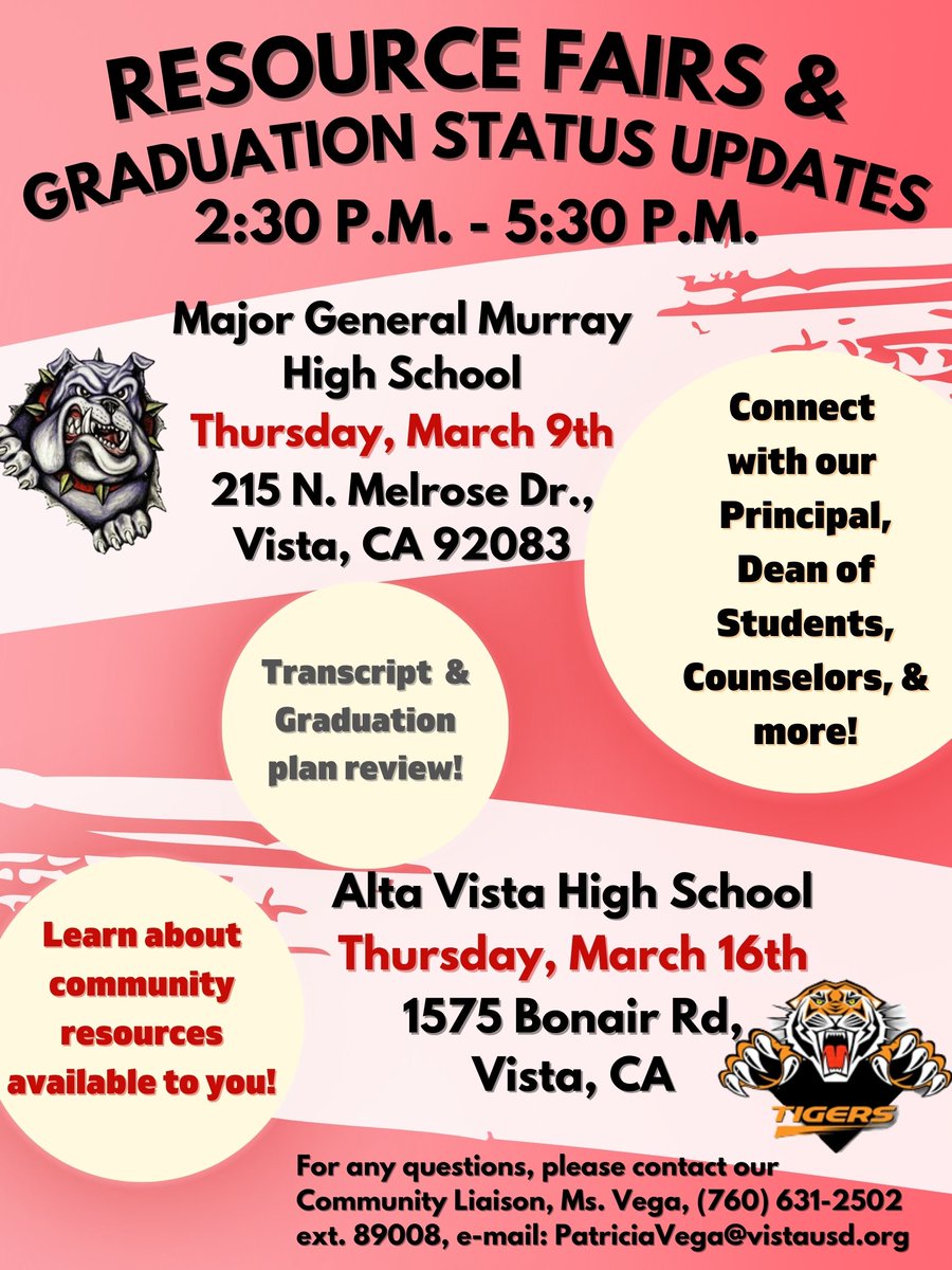 MARK YOUR CALENDARS!

AVHS will be hosting a resource fair, where you can learn about all of the incredible community resources available to you! Also, meet with counselors for one-on-one transcript evaluations!

Thursday, March 16th, 2:30 p.m. - 5:30 p.m.