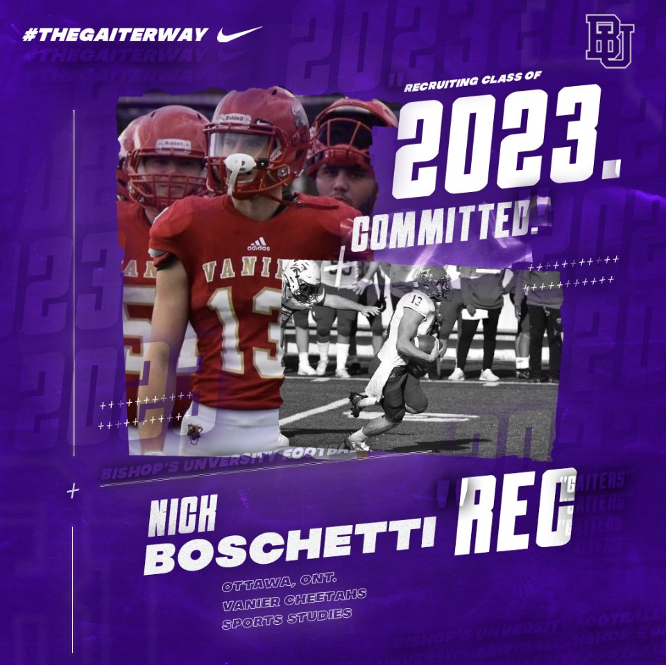 GaitersHC's tweet photo. Very excited to announce that WR Nick Boshetti from Vanier College has chosen to continue his academic and athletic journey with @BishopsGaiters 🏈. He will be pursuing a degree in Sport Studies. #BleedPurple #Comewritethefuture 🐊🐊 https://t.co/uhJfIq5E7R