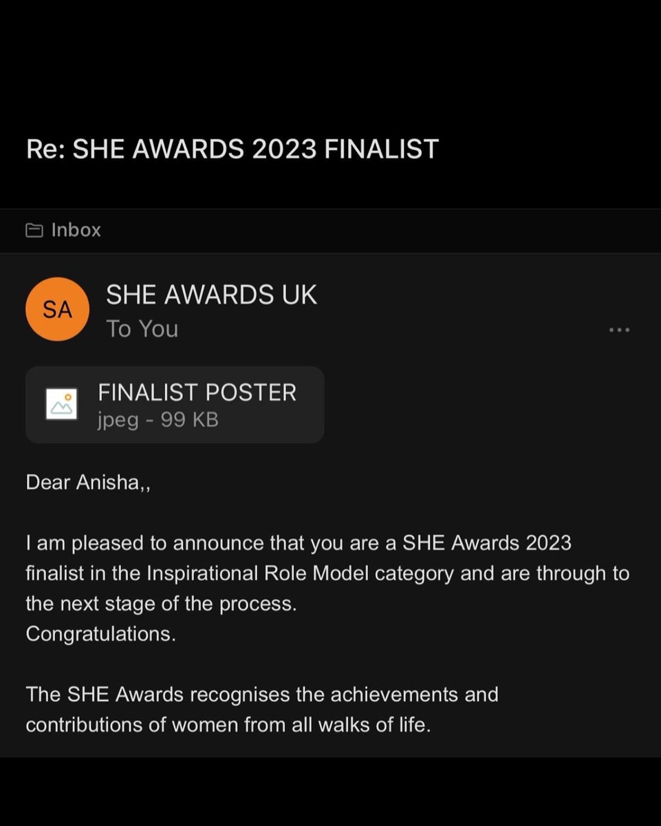 I’m delighted to announce that I’m a Finalist in the Inspirational Role Model category of the She Awards 🏆 

It’s privilege to be a finalist in a national awards for the third time 🇬🇧

Looking forward to the awards ceremony in London next month on International Women’s Day 👑