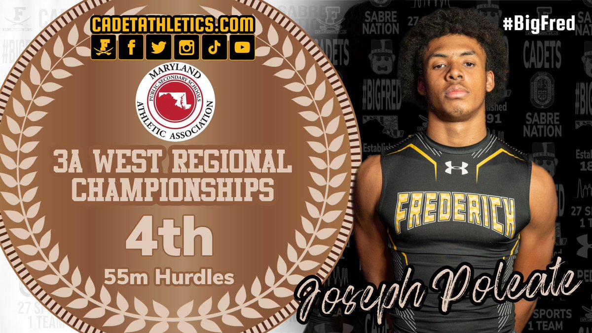 CadetAthletics's tweet image. 🏅Cadetathletics.com Hardware Alert
Joseph Poleate of @CadetTrackField places 4th in the Boys 55 Meter Hurdles - Finals with a time of 8.26. at the 2023 MPSSAA 3A West Regional Indoor Track Championships.

⚔️ | #BigFred | ⬛️🟨