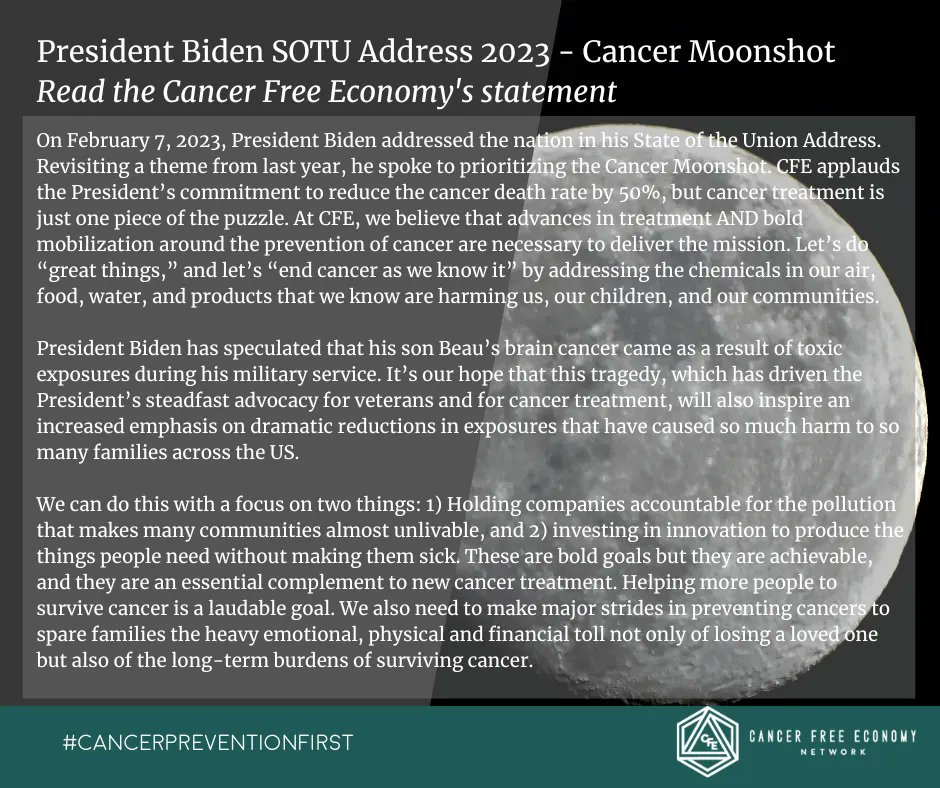 CFENetwork's tweet image. One year ago today, CFE Staff and Network Leaders issued a statement on @POTUS&apos;s reignition of the Cancer Moonshot. Today, we&apos;re issuing another. Read the statement:
cancerfreeeconomy.org/cancer-moonsho… 

#cancerpreventionfirst #endcancerasweknowit #preventcancer #cancerprevention