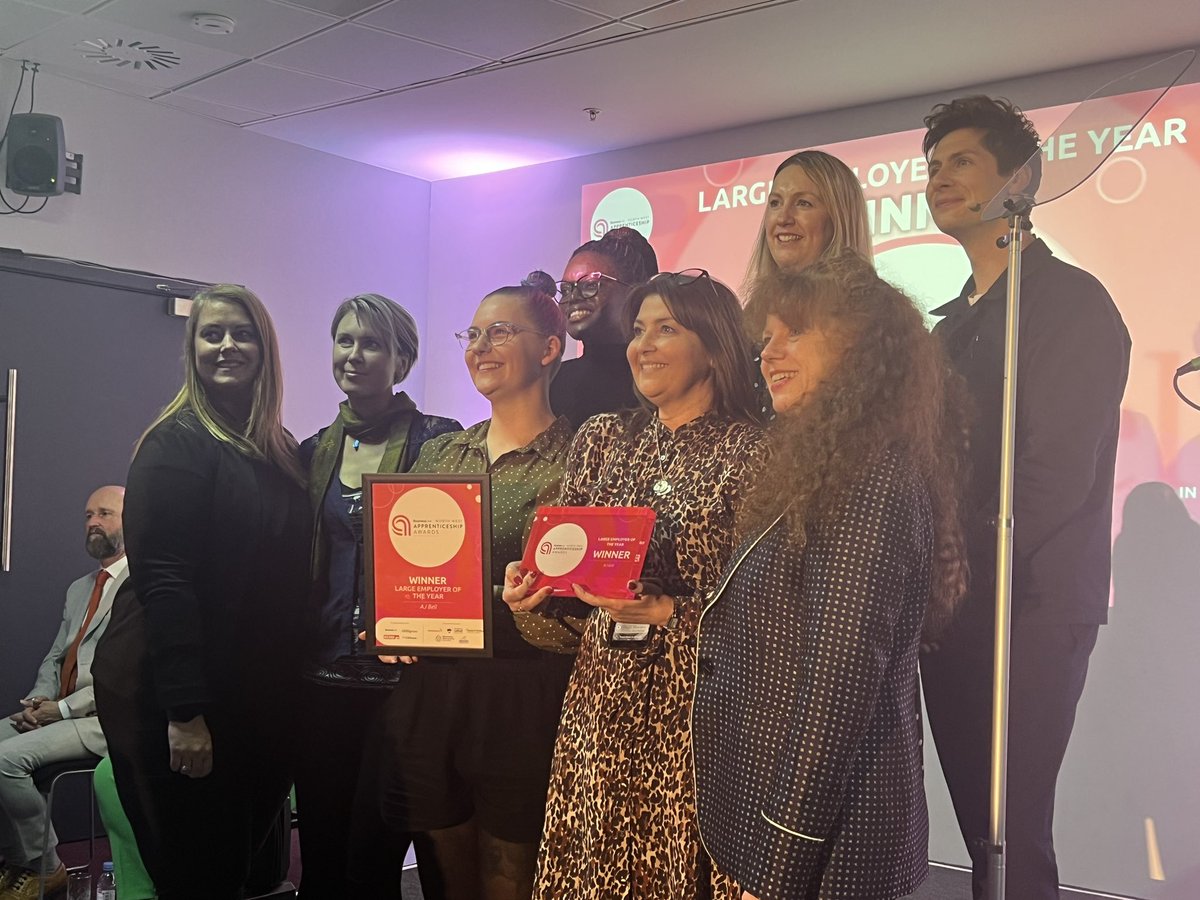 businesslive's tweet photo. Congratulations to AJ Bell who take home the award for the Large Employer of the Year, in partnership with @SalfordUni #NWApprenticeshipAwards https://t.co/BIinvmTpLo