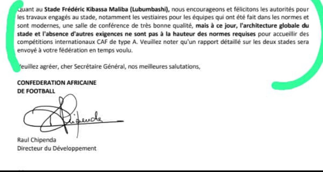 Urgent : LA CAF encourage le travail effectué par le Gouverneur <a href="/JacquesKyabula/">Jacques Kyabula Katwe</a> mais trouve qu'il y a encore d'autres améliorations à apporter au Stade Kibassa !